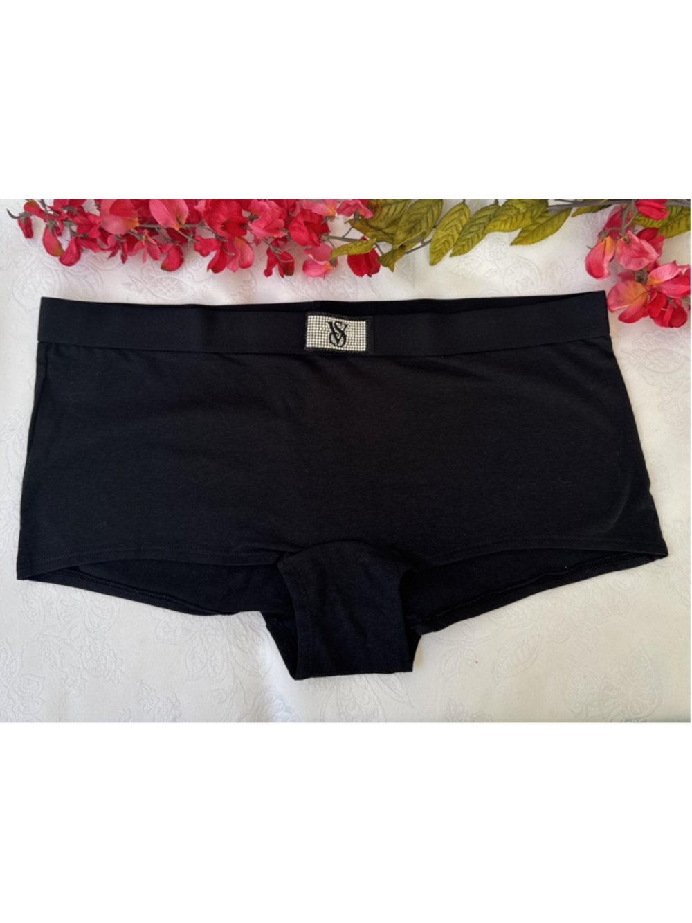 VICTORIA'S SECRET XL BLACK RHINESTONE SHINE PATCH SHORTIE PANTIES NWT